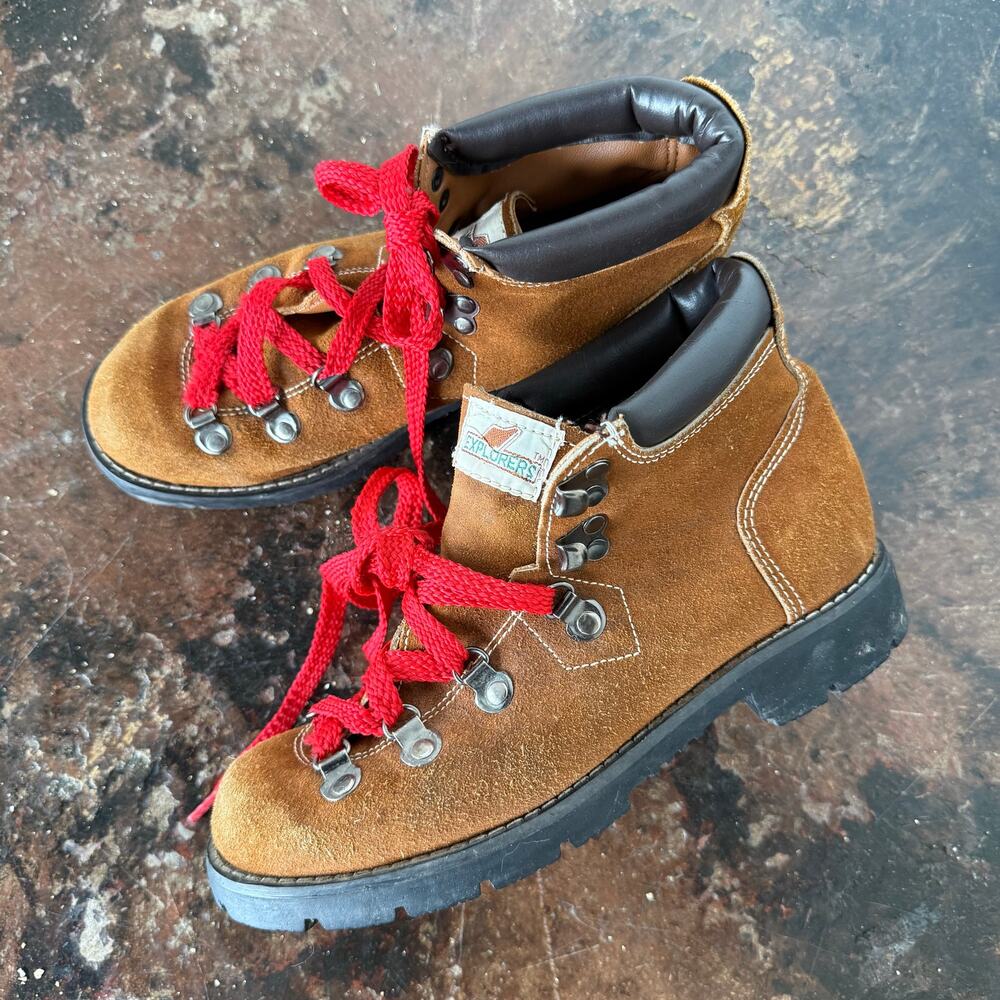 Vtg Explorers Hiking Boots‎ Brown Suede Leather Red Laces Mens 4 Womens 6 Retro